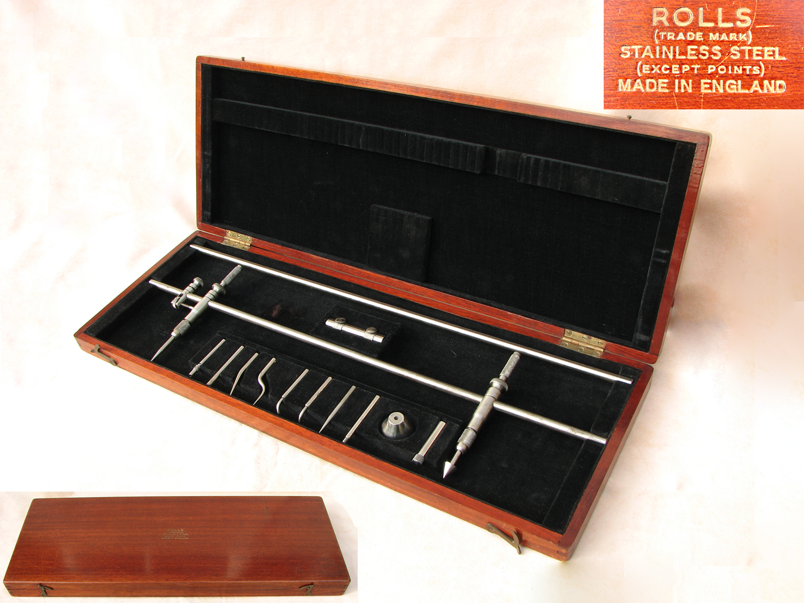 Vintage ROLLS Engineers Beam compass with trammel points in fitted case